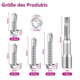 Self-Tapping Screws Set M4.8 x 16/19/25/32 mm Trapezoidal Sheet Metal Screws Silver Tapping Screws Drilling Screws Stainless Steel for Steel Sheet Metal Roof Pack of 121