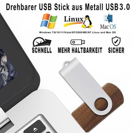 TATMOHIK Wooden USB Stick 8 GB Pack of 5 Wood USB Stick Memory 8 GB Pack of 5 Data Stick USB 3.0 Metal Swivel Clip USB Flash Drive Fast Speed Memory Stick (Walnut Wood, 8 GB USB 3.0, 5 Pieces)