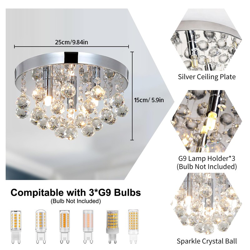 TISLYCO Modern Raindrop Crystal Chandelier, 3 Lights Flush Mount Ceiling