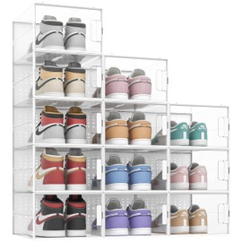 Pinkpum XXL Larger Shoe Organizer Storage Boxes Fit for Size 14, 12 Pack Highly Clear Plastic Stackable Sneaker Storage for Closet, Clear Shoe Display Case Containers, White