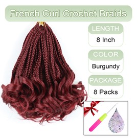 French Curl Braiding Hair Crochet Braids 8 Inch Pre Looped Goddess Box Braids Crochet Hair with Curly Ends Short Crochet Hair for Black Women (Burgundy)