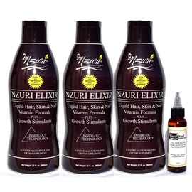 Nzuri Elixir Hair Skin & Nail Vitamin For Dry, Dull, Lifeless, Thinning, Breaking and Damaged Hair - 3 Bottles 32oz 90 Days Hair Growth Challenge + 1 FREE Nzuri Elixir Hair Growth Nourishing Oil.