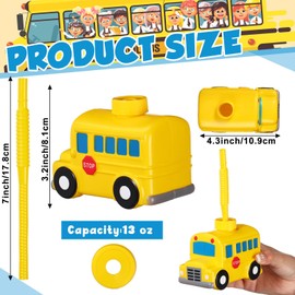 12 Set School Party Favor Gift Supplies School Bus Cups with Straws, Plastic School Bus Shape Cup Reusable School Party Plastic Cups Bulk School Bus Birthday Party Favor for Car Birthday Party
