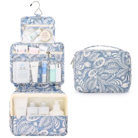 Mossio Hanging Toiletry Bag with Sturdy Hook - Large Portable Cosmetic Makeup Travel Organizer for Men & Women Blue Leaf