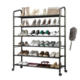 LEAIJIAFY Tall 6-Tier Metal Shoe Rack,Non-Woven Fabric Shoe Shelf,Large Storage Racks with Locking Wheels,Rolling Shoe Storage Organizer Shoe Stand Holders,for Garage Closet Dorm,Black