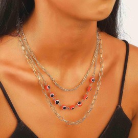 Inilbran Boho Evil Eye Necklace Choker Layered Evil Eye Choker Necklace Vintage Paperclip Chain Necklace Multilayer Figaro Link Chain Necklace Jewelry for Women(Red)