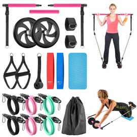 Ligebul Pilates Bar Kit with Resistance Bands,Pilates Kit with Ab Roller Multifunctional Pilates Bar Pilates Stretch Fusion Bar Pilates Equipment for Home Workouts Women and Men
