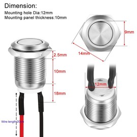 Set of 4 Waterproof Push Button Locking Push Button Stainless Steel Button On Off 12 mm 2A/12V/24V/125V/250V with Wire