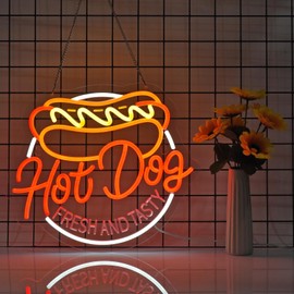 JOMOBUTY Hot Dog Neon Sign for Wall Decor LED Light up Sign Business Signage for Home Kitchen Restaurant Bar Cafe Fast Food Shop Gift 14.6" x 12.6" Led Art Wall Hanging Decorative Lights