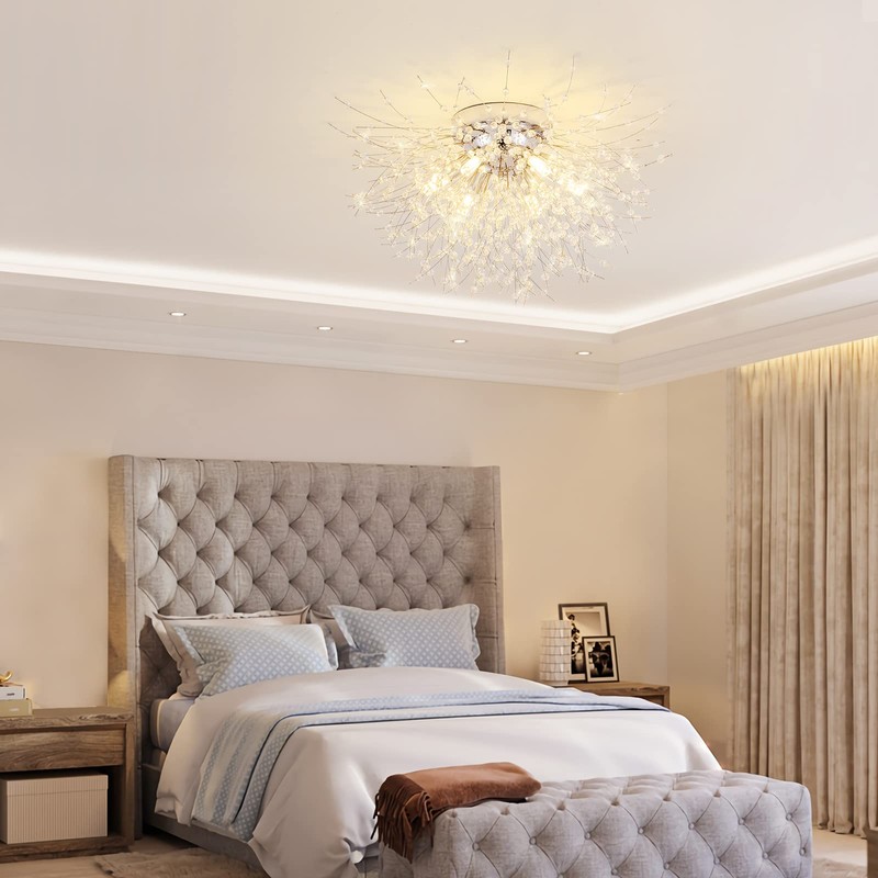 Chrome Firework Flush Mount Ceiling Light Fixture, Modern Crystal Sputnik