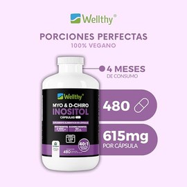 Wellthy Myo Chiro Inositol 480 Cápsulas Mezcla Óptima 2400mg 60mg Ingredientes 100 Naturales Meses Consumo Gluten Free Sugar Vegan