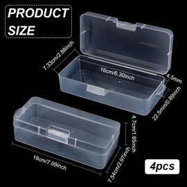 BENECREAT 4 Packs Rectangle Plastic Container Box, 18x7.5x4.7cm Clear Storage Organizer with Hinged Lid and Hanging Hole for Small Craft Accessories Office Supplies