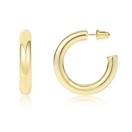 Gold Chunky Hoop Earrings Thick Open Hoops for Women | Classic Thick Shiny Polished Round-Tube Chunky Hoop Earrings with 925 Sterling Silver Post for Women Girls (Diameter 30mm)