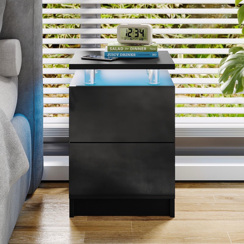 15" Black Nightstand Set of 2 with LED Lights, Modern