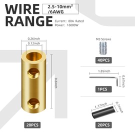 20PCS 6-10AWG 6 8 10 Gauge Wire Connector Nut Kit, 80Amp Screw Quick Wiring Connection Terminal, Splicing Quick Wire Connectors, Circuit Wire Butt Bras Connector with Heat Shrink Tube Wrench