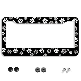 Paw Print License Plate Frame - 1 Pcs Black White Dog Lovers Paw Design License Plate Covers Aluminum Metal Novelty Auto Car Tag Holder with Love Hearts 2 Holes Equipped with Screws