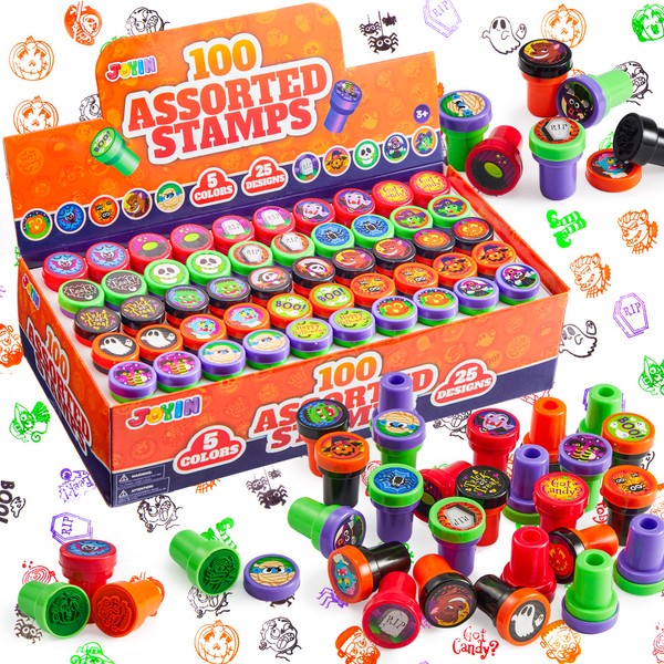 JOYIN 100 Pieces Halloween Assorted Stampers Kids Self-Ink Stamps (25 Designs, 4 Colors Trick or Treat Spooky Stamps) for Halloween Party Supplies, Goodies Bags, Classroom Game Reward Prizes