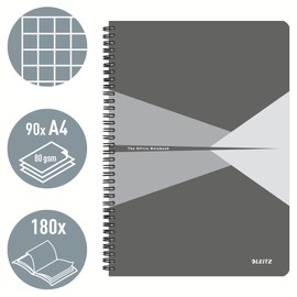 Leitz Office College Pad A4 Squared Notebook with Spiral Bound, Cardboard Cover, 360 Degree Opening, 180 Pages/90 Sheets FSC-Certified Paper (80 g/m²), for Office and School, Grey, 46471085