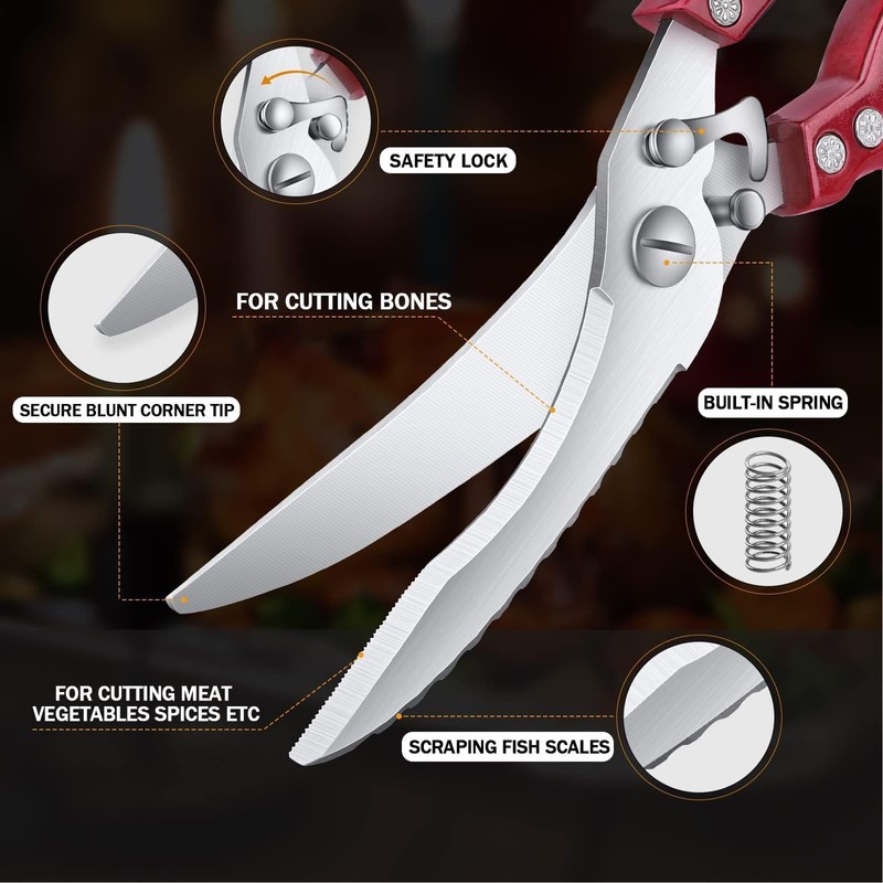 Poultry Shears, Red Heavy Duty Kitchen Shears with Serrated Edge,