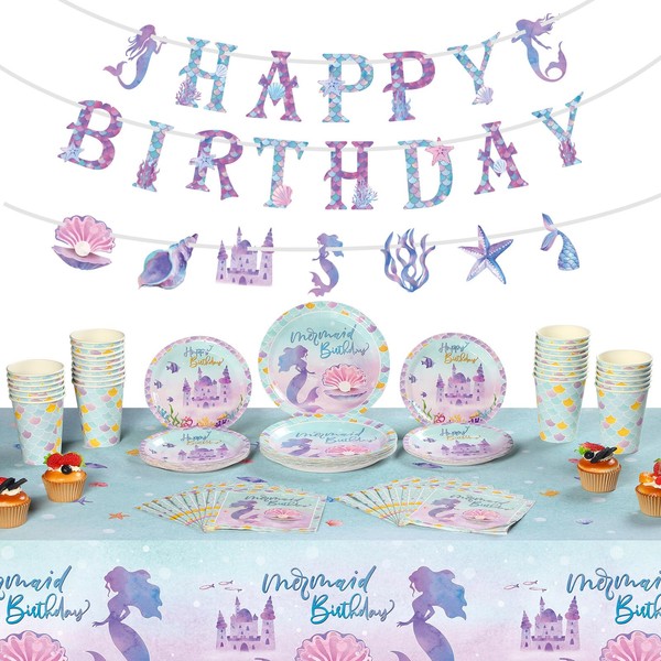 Tatuo 124 Pcs Mermaid Birthday Party Supplies Include Mermaid Happy Birthday Banner Mermaid Party Tablecloth Mermaid Plate Napkin Cup for Girls Mermaid Birthday Party Supplies Decoration, Serve for 30