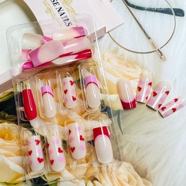 Valentines Nails French Tip Press on Nails Medium Square Fake Nails with Red Love Heart Design Coffin Nail Tips Acrylic Glue on Nails Valentines False Nails Full Cover Stick on Nails for Women 24Pcs