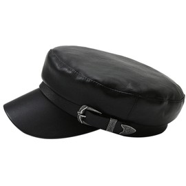 Danse Jupe Womens PU Leather Greek Fisherman Sailor Fiddler Hat Cap Newsboy Paperboy Painter Cap Beret Hat,Black