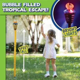 Tiki Torch Bubbler - Bubble Machine with Lights and Music, Bubble Blower and Wand, Rechargable Outdoor Toy for Kids Teens Adults, 4 Feet Tall, Includes 4oz Bubble Solution