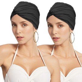 2 PCS Pleated Swim Cap Ladies Swimming Hat Women Long Hair Swim Cap Bathing Cap Ears Protection Cap Swim Hat Super Elastic Swimming Cap Surfing Cap Turban Shower Cap for Long Hair Short Hair