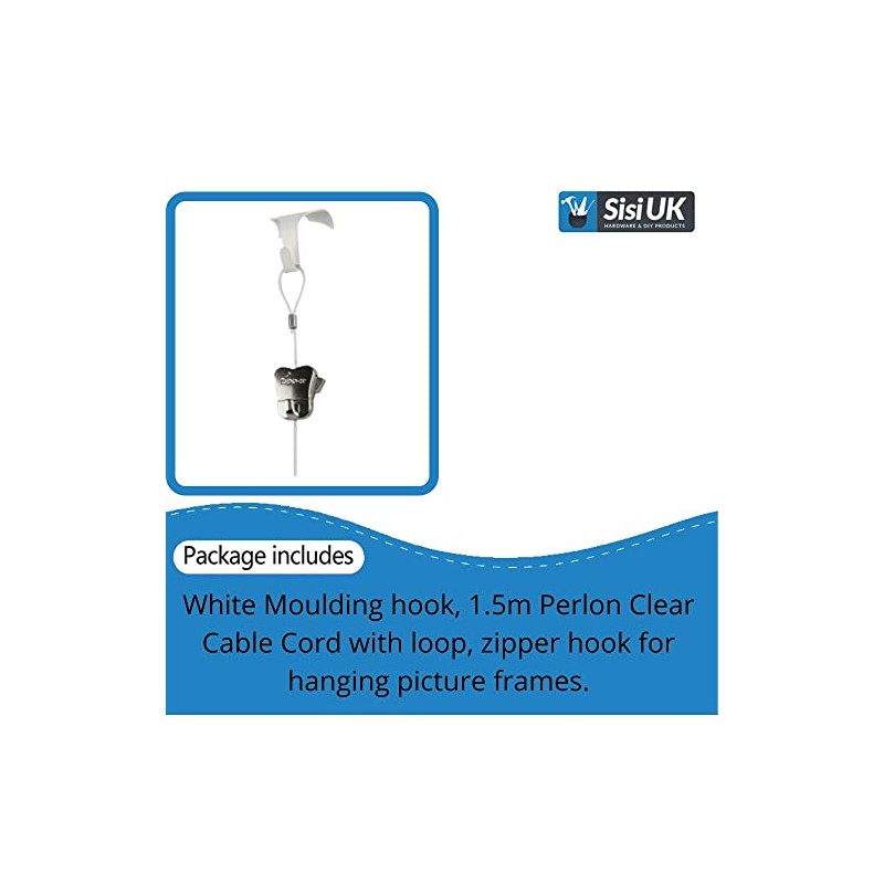 White Moulding Hooks for Picture Hanging with Perlon Clear Cable