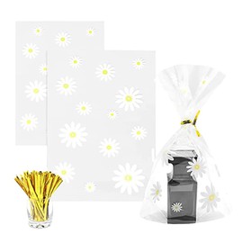 ccHuDE 150 Pcs Plastic Daisy Candy Bags Clear Cellophane Bags Party Favor Treat Bags Cookie Gifts Bags with Gold Twist Ties for Birthday Wedding