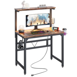 TREETALK Gaming Desk with Power Outlets & LED Strip Lights,80CM Industrial Writing Desk with Adjustable Monitor Stand, Cupholder and Headphone Hook for Home Office Rustic Brown