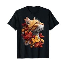 Tabby Cat with Autumn Leaves Fall Flowers Feline Animal T-Shirt