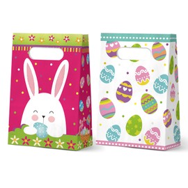 KALEFO Easter Paper Bags 24PCS Egg Bunny Treat Bag with Handle Festival Goodie Bags for Kids, Paper Bag Bulk for Candy