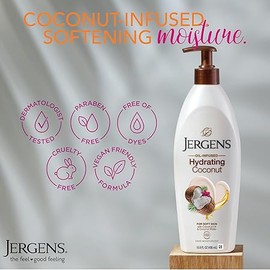Jergens Hydrating Coconut Body Lotion, Hand and Body Moisturizer, Infused with Coconut Oil, Hydrates Dry Skin Instantly, Dermatologist Tested, 16.8 oz