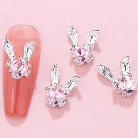 10Pcs Easter Nail Charms Silver Rabbit Ear Nail Art Charms Cute Nail Gems with Pink Rhinestones Cute Rabbit Ears Charms for Nails for Acrylic Nails Supplies DIY Nail Art Decoration
