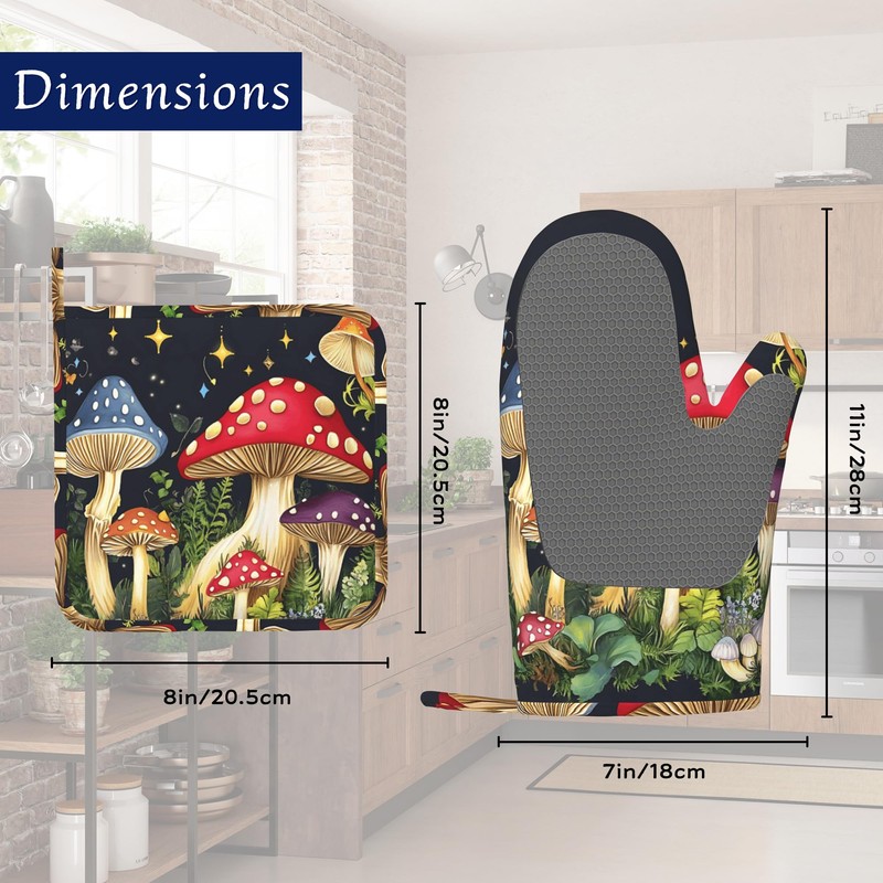 Mushroom Oven Mitts and Pot Holders Sets of 4 Boho