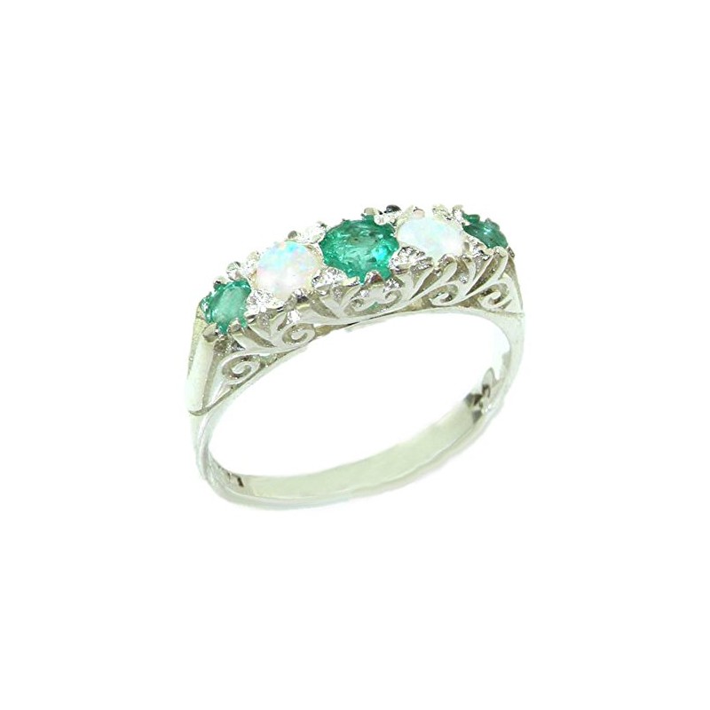 Luxury Solid Sterling Silver Natural Emerald & Opal Victorian Style