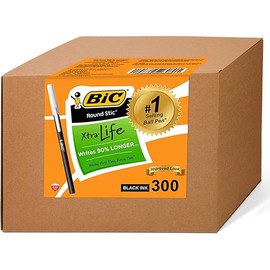 BIC Round Stic Xtra Life Bulk Pens Ballpoint - Pack of 300 Black Ink Pens - Medium point 1.0 mm