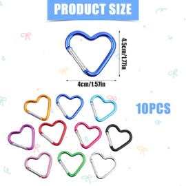 10pcs Heart Shaped Carabiner, Aluminium Alloy Cute Carabiner Clip Snap Hook Key Holder Heart Keychain Clip Key Ring for Camping Backpack Water Bottle Key Chain