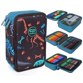 CoolPack XXL Pencil Case 3-Compartment School Pencil Case Triple Pencil Case for Boys Girls Fossil Dinosaur Pencil Case 44-Piece Filled Student Case 3-Tier Black Pencil Case