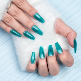 Sun&Beam Nails Handmade Nail Tip, Medium, Long, False Claws, Ballerina, Coffin, False Claws, Plain, Blue, Green, Light Blue, Cat Eye, Magnet, Popular, Stylish, Cute, Pack of 10 (#84 S)