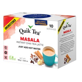 QuikTea Instant Unsweetened Masala Chai Tea Latte – 10 Count, classic latte with a hearty mix of traditional chai spices, low Caffeine, No artificial colors, flavors, preservatives – Just Add Hot Water
