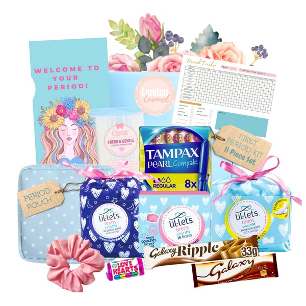 First Period Kit for Girls - Sanitary Pad Storage Bag, Teen Sanitary Towels, Lil-lets Teens Liners, Tampax Pearl Light Tampons, Period Wipes, Sweet Treats, Period Info Booklet and Period Tracker