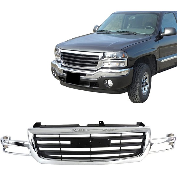 Perfit Liner Front Grille Chrome Shell and Black Insert Assembly Compatible with 2003-2007 GMC SIERRA PICKUP Fits 19130791 GM1200475