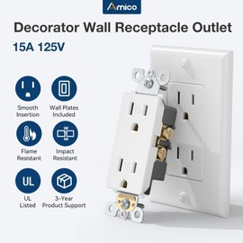 Amico 50 Pack Wall Outlet, 15 Amp Outlets, UL Listed, Tamper Resistant Standard Electrical Outlet, Decorator Receptacle with Wall Plate, Suitable for Home and Business, 125V/1875W, White