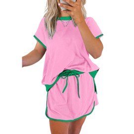 SELINK Lounge Sets for Women 2 Piece Skirt Colorblock Drop Shoulder T Shirt and Skort Set Summer Tracksuits Pink-XXL