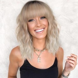 CHAOEE Ombre Brown Short Wavy Bob Wigs with Bangs for Women Ombre Brown Wavy Wig Natural Looking Resistant Fiber Synthetic Hair Wig for Daily Short Curly Bob Wig with Bangs - Color: Ombre Blonde