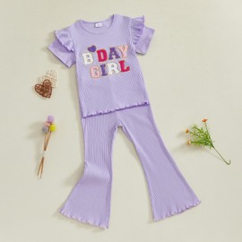 MAHUAOYIXI Baby Girl 2Pcs Birthday Outfits Short Sleeve Letter Embroidery Tops + Flare Pants Set Toddler Girls Clothes Girls Birthday Clothing Set (Purple, 3-4 Years)