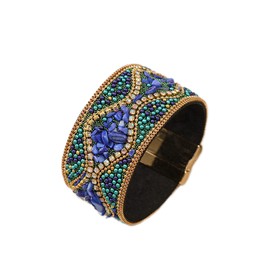 Caiyao Handmade Bohemian Natural Stone Rhinestone Bead Bracelet Bangle for Women Boho Wrap Faux Leather Gravel Seed Wristband Bracelet Ethnic Summer Beach Jewelery-A blue