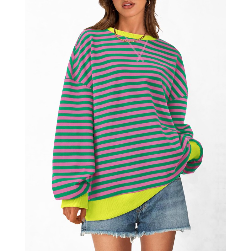 BTFBM Womens Oversized Striped Sweatshirt Crewneck Long Sleeve Pullover Top